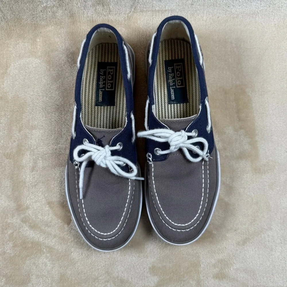 Polo Ralph Lauren Women's Lander Canvas Boat Shoes Deck Shoes‎ Gray/Blue Size 7D